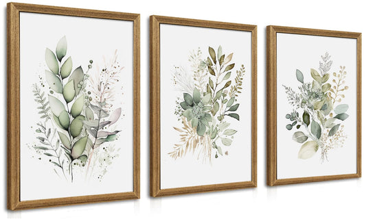 WRFON Framed Sage Green Botanical Wall Art Set of 3, Watercolor Eucalyptus & Wild Plant Canvas Prints, Minimalist Green Wall Decor for Living Room Bedroom Bathroom, 12x16 Inches