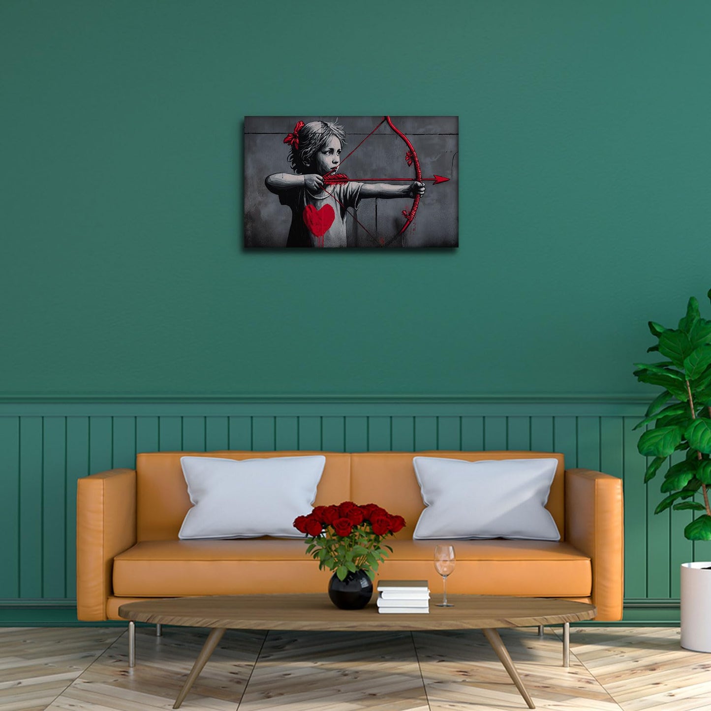 Halioyo Girl with Arrow Canvas Wall Art, Romantic Graffiti Street Art Print with Red Heart Poster, Morden Black Red Wall Decor for Living Room Bedroom Dorm Home Decor, Ready to Hang(12x16 inch)