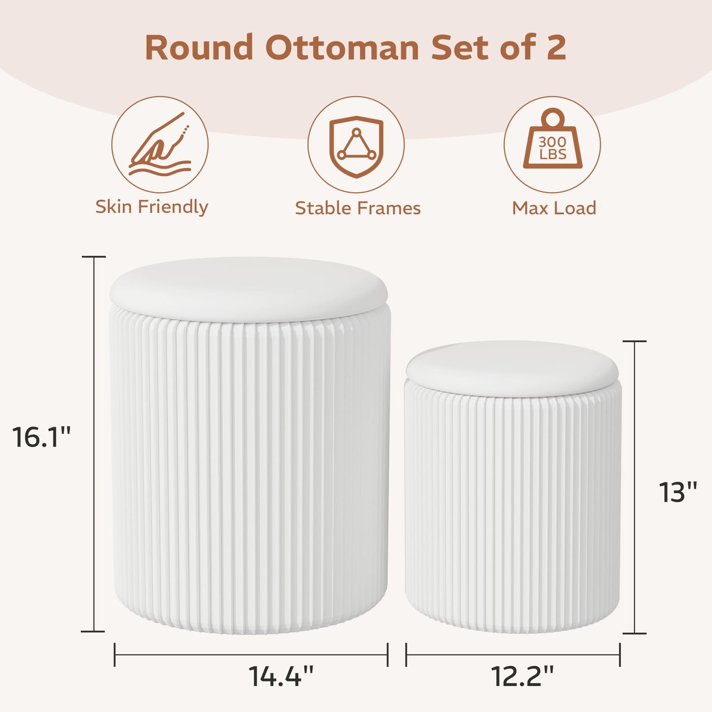 Trygoal Round Ottoman with Storage Set of 2, Breathable Cotton & 300LBS Engineered Wood Frame, Nesting Side Table with Blanket Storage, No Assembly Cozy Vanity Stools for Living Room, White
