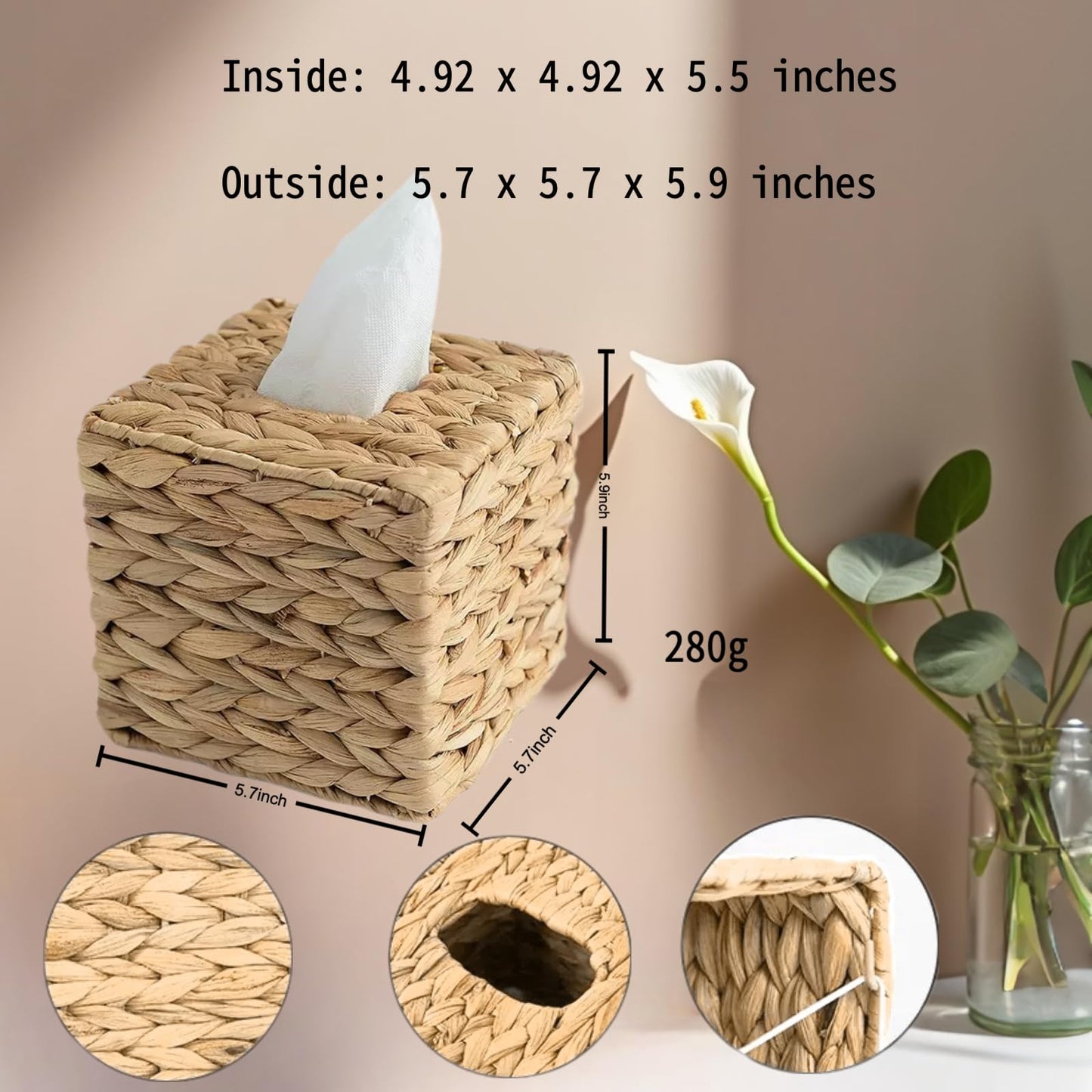 YWXWY Water Hyacinth Tissue Box Cover, Natural Wicker Woven Facial Tissue Holder, Napkin Box, Hand Woven Storage Box for Bathroom Living Room Toilet Desk Table Home Office Car (Square)
