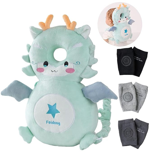 Feidoog Baby Head Protector Cushion Backpack with 3 Knee Pads for Walking & Crawling,Blue Dragon