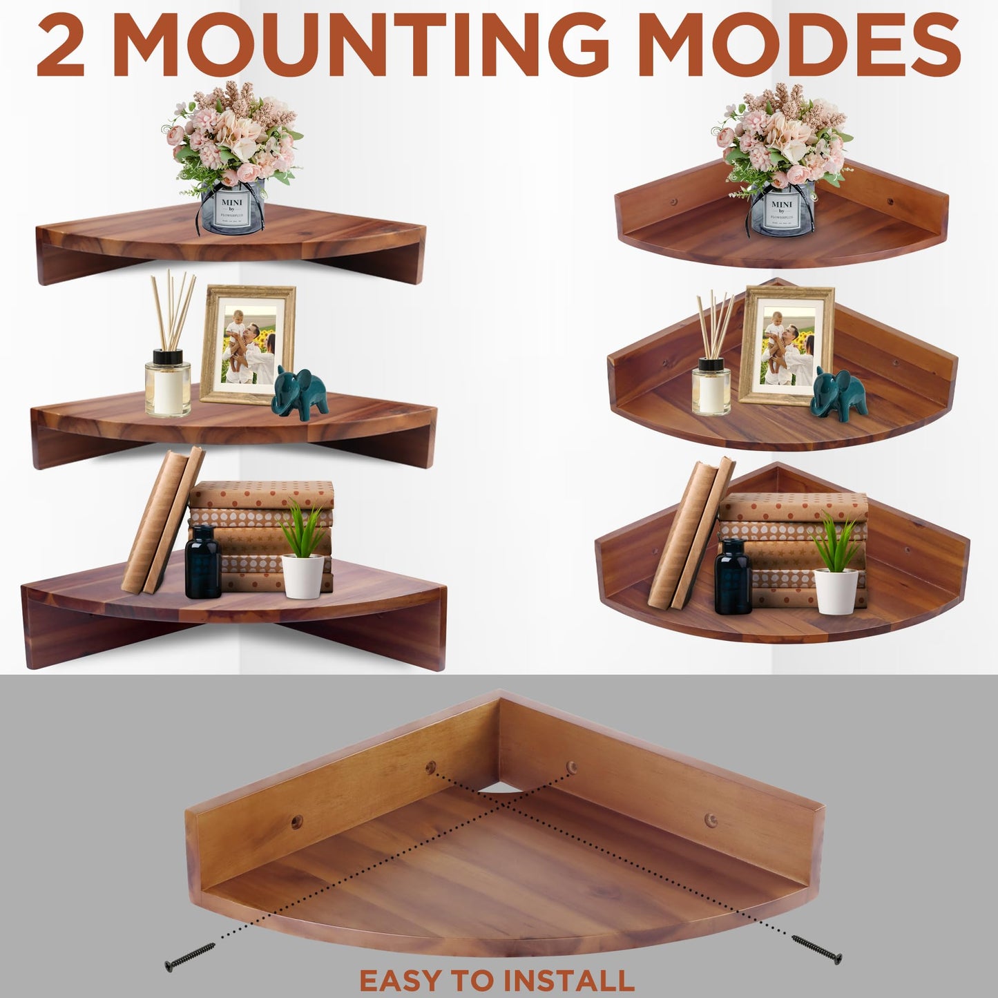 Demigo Corner Shelf Wall Mount Set of 3, Solid Acacia Wood Round Floating Corner Shelves for Storage and Display, Hanging Wood Shelves for Bedroom, Kitchen, Living Room, Bathroom (Brown)