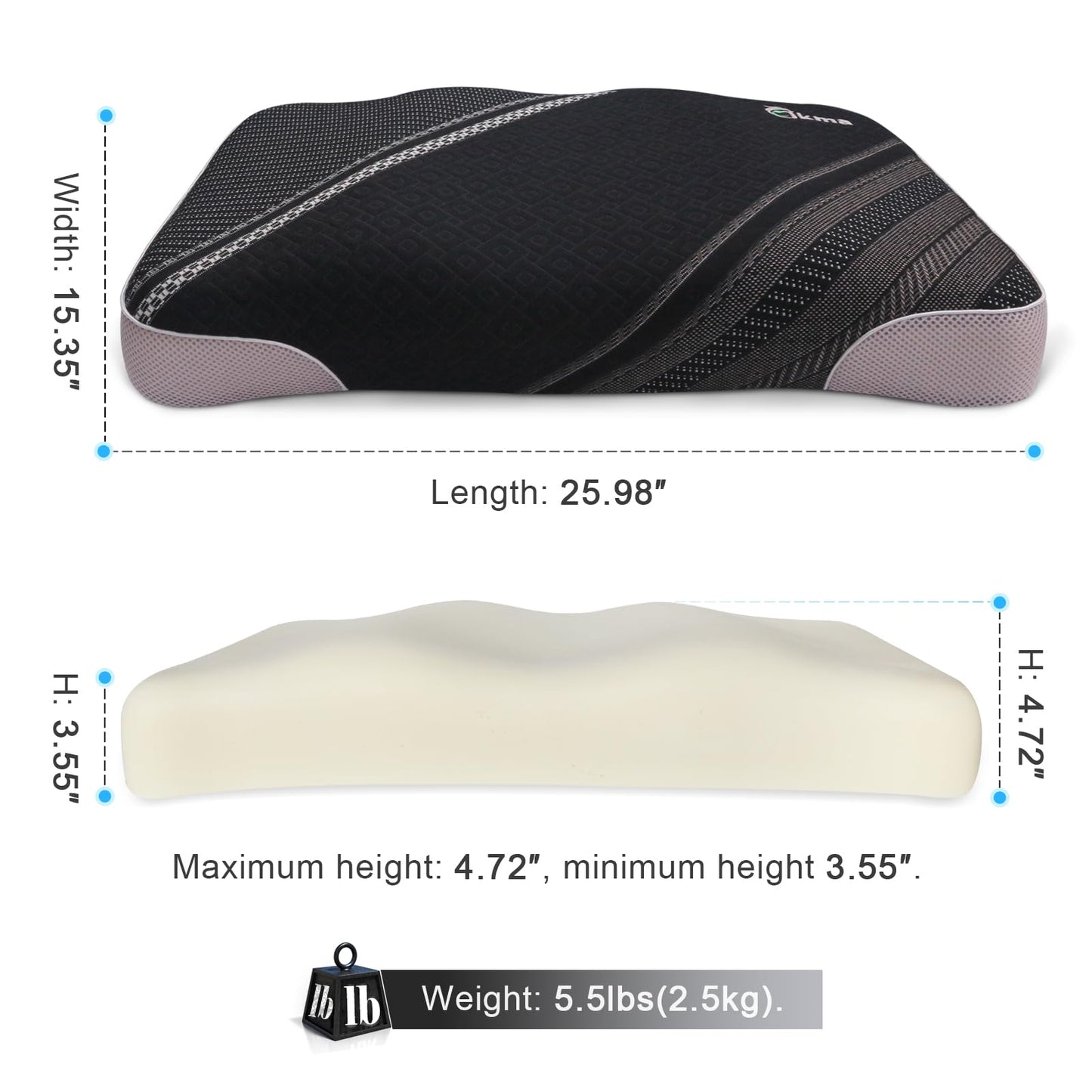 Bio-based Cervical Neck Pillow, ergonomically contoured design, memory foam pillow that provides neck support and shoulder pain relief, deep sleep pillow for side, supine and stomach sleepers. (Black)