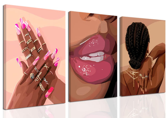 Black Girl Pink Wall Art Set of 3 African American Black Women Canvas Posters Fashion Black Girl Wall Decor Pictures Prints for Home Living Room Bedroom Bathroom Decoration 12x16 Inch Framed