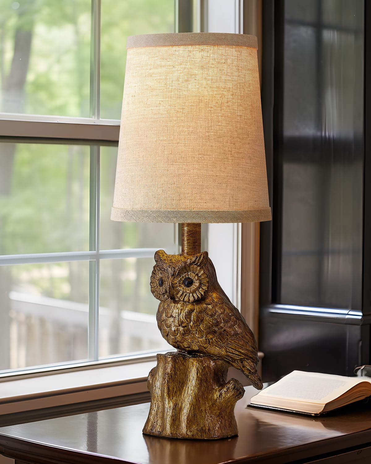 G-SAFAVA 14.25" Small Table Lamp for Living Room Farmhouse Bedside Resin Single Lamp with Gold Owl Lamp Shape for Bedroom Retro Rustic Nightstand Lamp