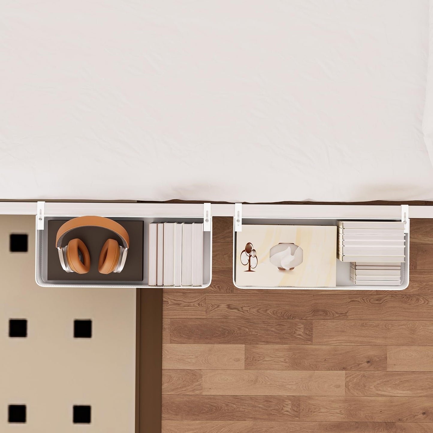 WOCUBEHOME Bedside Caddy Shelf for Bunk Bed & Dorm, Adjustable Bunk Bed Caddy Holder for Top Bunk, Rails, Cribs, Bedside Shelf Organizer for Phone/Books/Drinks (White, L(L11in*W4.9in*H3.93in))