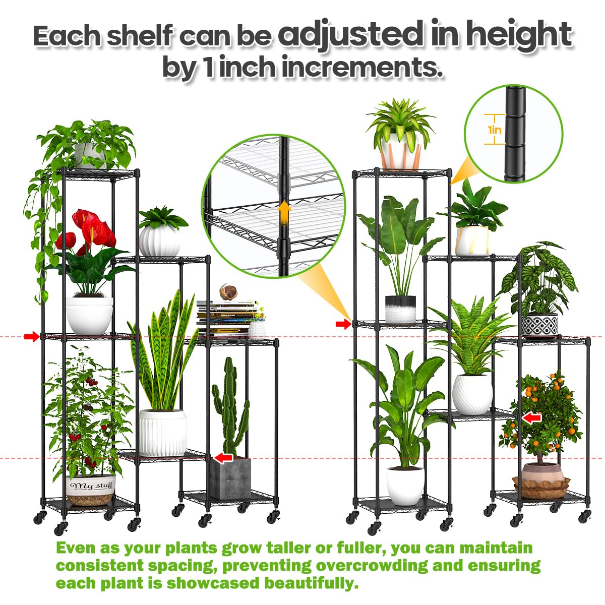 Abimars 59'' Plant Stand with Wheels, Shelf Height Adjustable Metal Plant Shelf for 7 Potted Plants, DIY Assembly Indoor & Outdoor Plant Display Rack