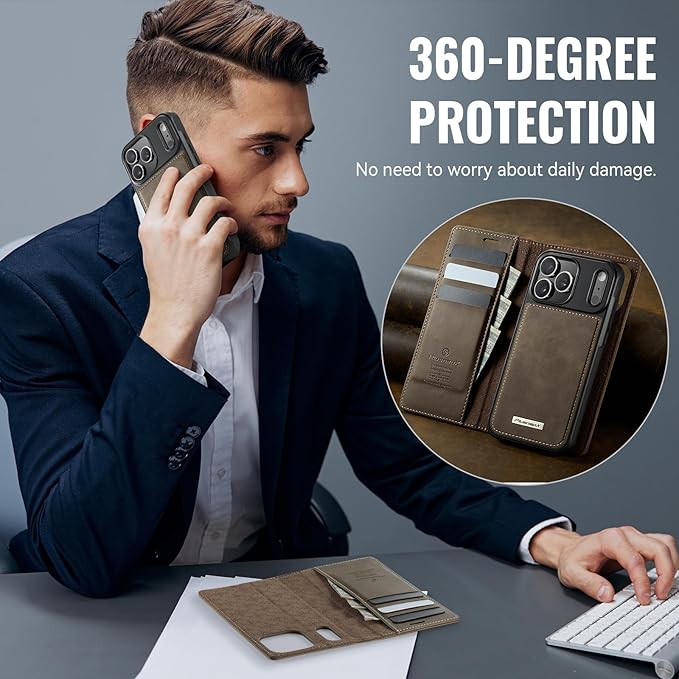 PlusnapX Wallet Case for iPhone 17 Pro Compatible with Magsafe, 2-in-1 PU Leather Flip RFID Blocking Card Holder Stand Shockproof Magnetic Detachable Cover for iPhone 17 Pro Case 6.3", Brown