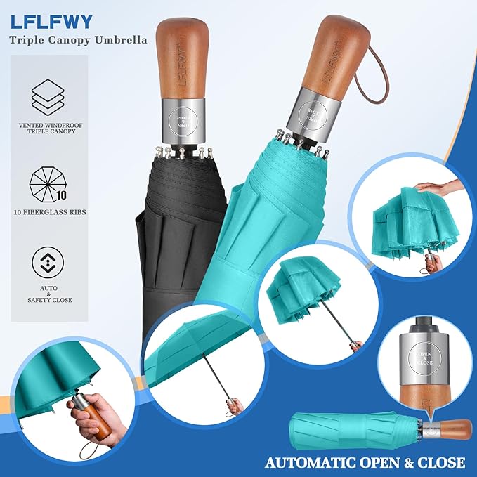 Umbrellas for Rain, 47" Large Windproof Travel Umbrella, Triple-Layer Vented Canopy, 10 Fiberglass Ribs, Auto Open Close Compact Umbrella, Wooden Handle, Heavy Duty for Commute, Gifts for Men & Women