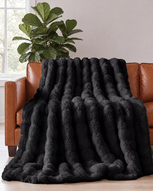 Black Throw Blanket - Fluffy Throw Bubble Blanket Queen Size - Extra Thick Rabbit Faux Fur for Couch, Sofa, Chair or Bed - All Season, Ultra-Soft, Plush, Fuzzy, Cozy for Men, Women & Teens - 90" x 90"