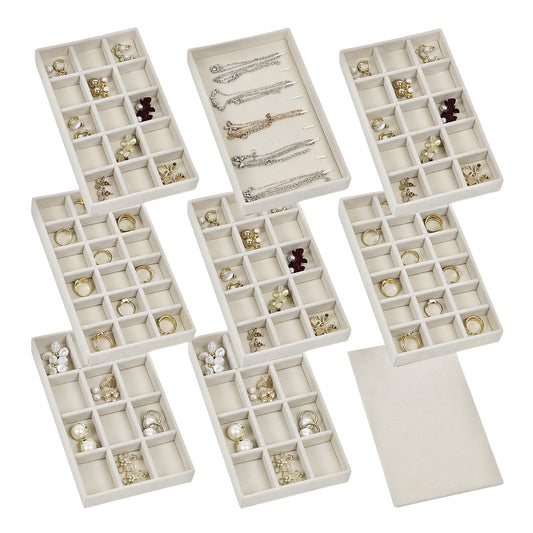 Set of 8 Stackable Jewelry Organizer Trays with 1 Lid for Drawer & Dresser Organizer, Adjustable Velvet Jewelry Box Tray Earring Organizer Necklace Storage Ring Bracelet Display Case (Beige)
