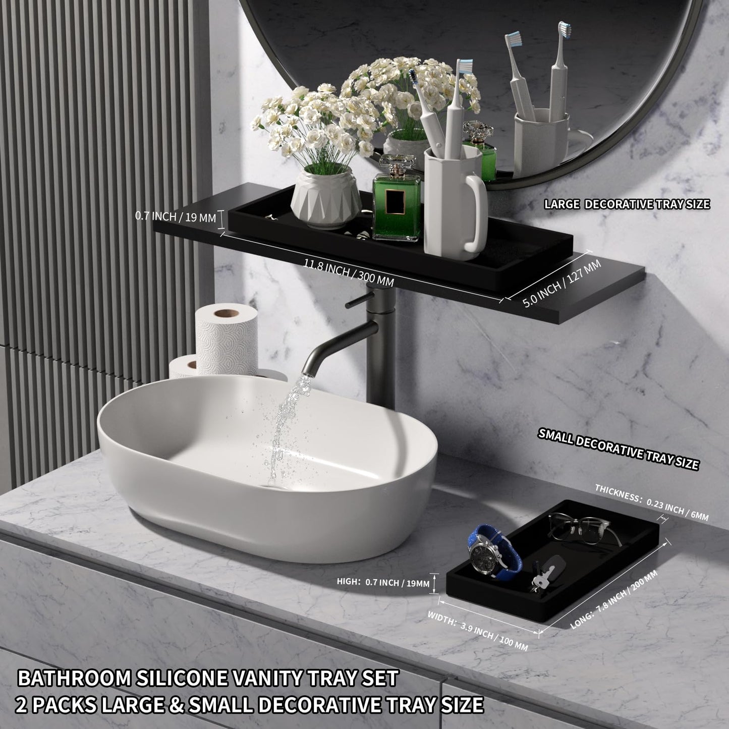 BBK Bathroom Vanity Tray- 2 Pack (7.8" and 11.8") Silicone Bathroom Tray for Counter, for Perfume Key Trinket Ring Soap Organization - Black