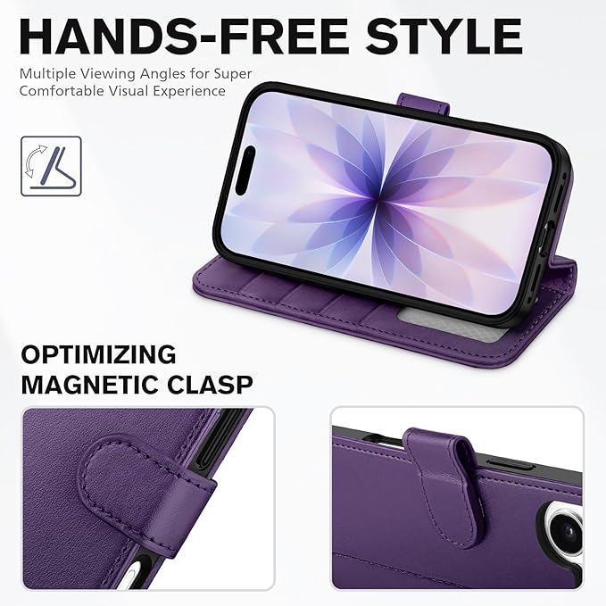 TUCCH Case Wallet for iPhone 17 (6.3") 2025, Wrist Strap, Stand, RFID Blocking, 4 Card Holder, TPU Shockproof Inner Shell, PU Leather, Magnetic Closure Folio Protective Cover, Deep Purple
