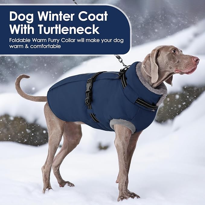 AOFITEE Dog Coat, Warm Dog Jacket Winter with Harness Built in, Waterproof Pet Snow Coat with Zipper on Back, Fleece Pet Sweater Puffer Jacket Snowsuit for Extra Large Dogs, Blue XXXL