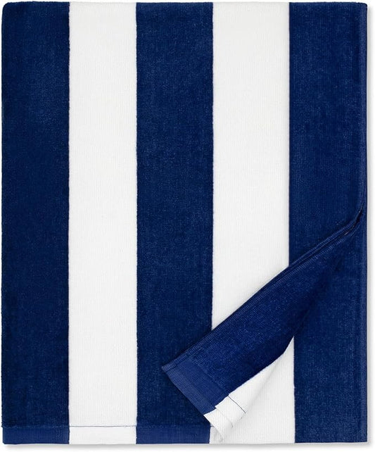 cabanana Large Beach Towel Oversized - Cotton Velour 35 x 70 Inch Blue Grey Striped Terry Pool Towel, Cabana Soft Swimming Towel for Adults Women Men (Navy Grey)