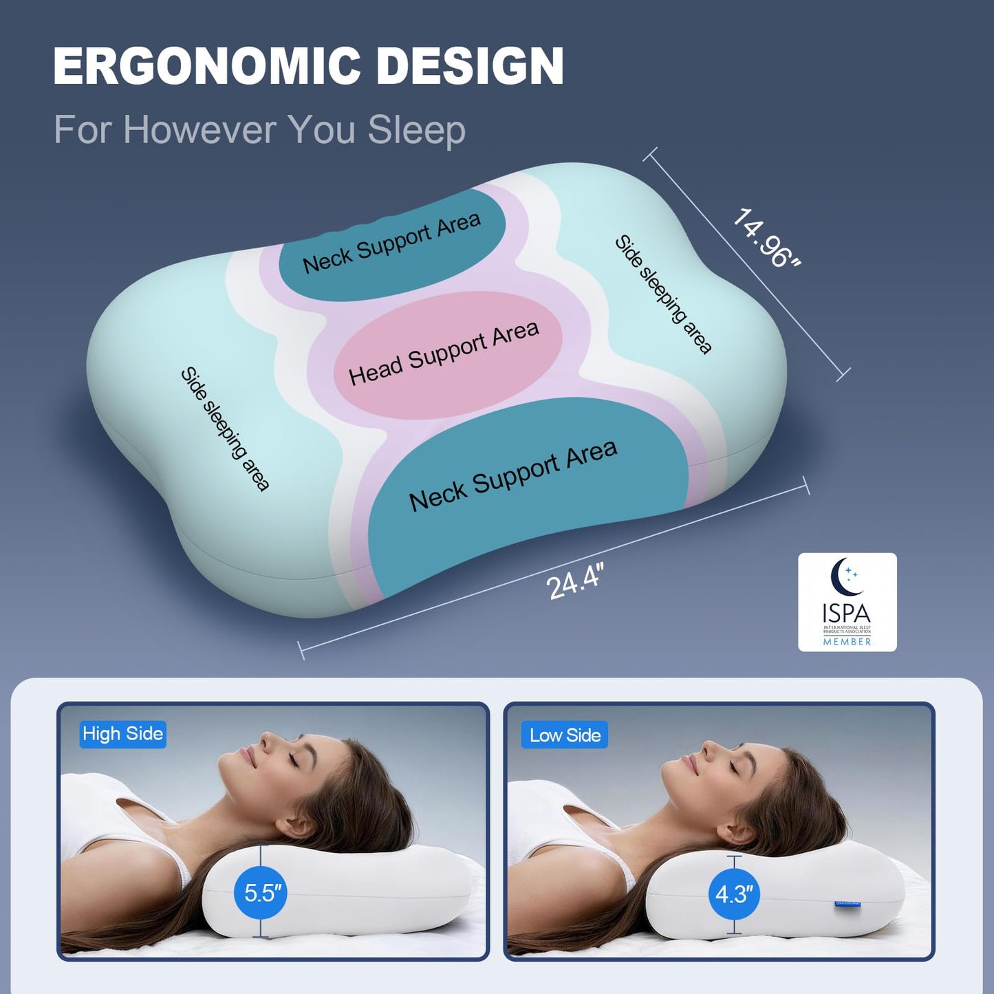 HUADER Cervical Pillows for Neck Pain Relief, Cooling Memory Foam Hypoallergenic Pillow for Side, Back & Stomach Sleepers – Ergonomic Neck Support, for Men & Women, CertiPUR-US & Oeko-TEX