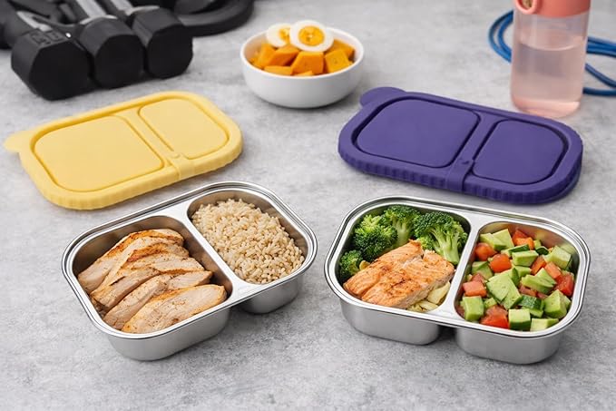 SHRONGZHI 304 Stainless Steel 2-Compartment Snack and Lunch Container with Easy-Open Silicone Lid, Built-In Utensil Clip, Leak-Proof and Stackable Design - Reusable Food Storage Box (SET B, 4 Pack)
