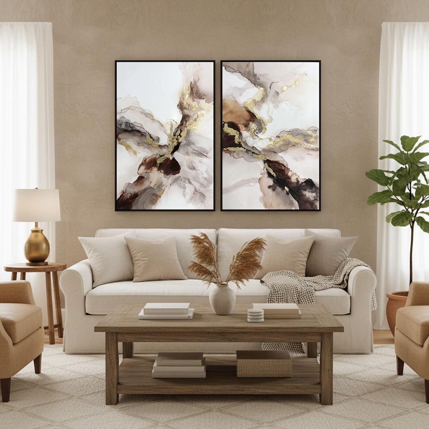SAFERRYHOME Neutral Abstract Wall Art, Gold and Brown Marble Framed Canvas Wall Decor, Modern Fluid Texture Painting Artwork, Contemporary Minimalist Picture for Home Office Living Room, 24"x36"x2