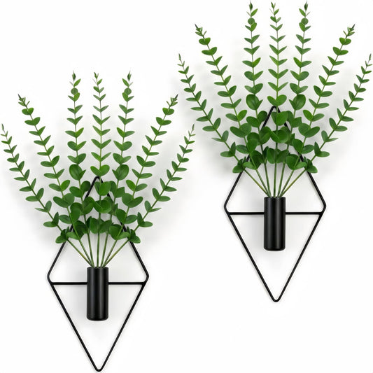 Modern Farmhouse Wall Art Decor - 2-Pack Metal Hanging Vases with Faux Eucalyptus Stems - Boho Wall Planters for Living Room Bathroom Bedroom Kitchen & Office (2, Black)
