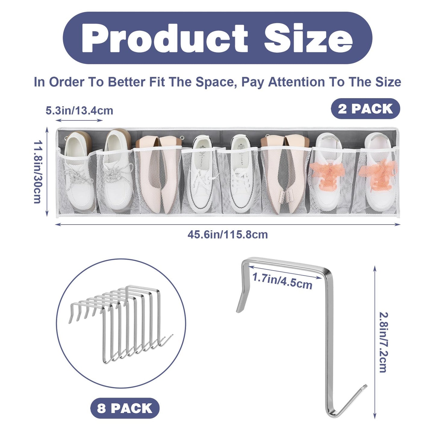 AojSup 2 Pack RV Shoe Storage Solutions, Hanging Shoe Organizer with 8 Large Pockets, Wall Mounted Bedside Caddy for Entryway, Camper, Dorm & Bedroom Organization, Gray
