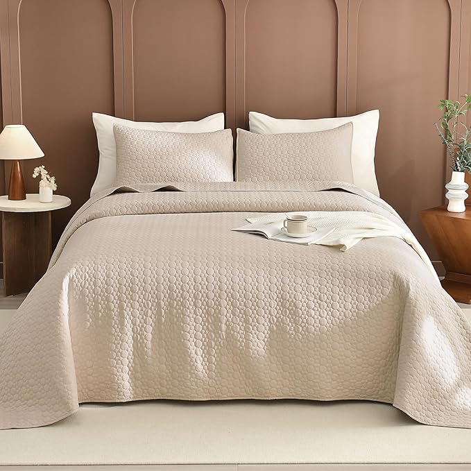Sanracie Oversized Cotton King Quilt 128"*120" for Extra Bed,3Pcs Linen Colored California King Quilt Sets Oversized Circular Quilting Super Large Wide Cal King Coverlet Thin Comforter Ultra Soft