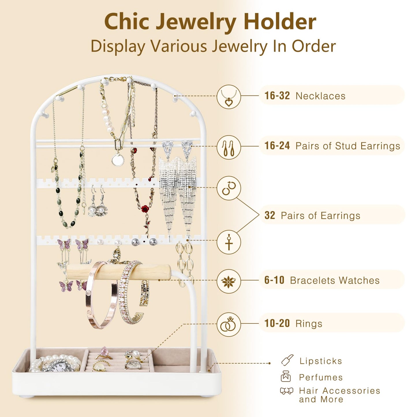 Saydear Multi-Functional Jewelry Holder Organizer Necklace Display Stand Velvet Lined Bar for Rings 2 Tier with 18 Hooks, 32 Earring Holes - Sturdy and Durable, Easy Organization White