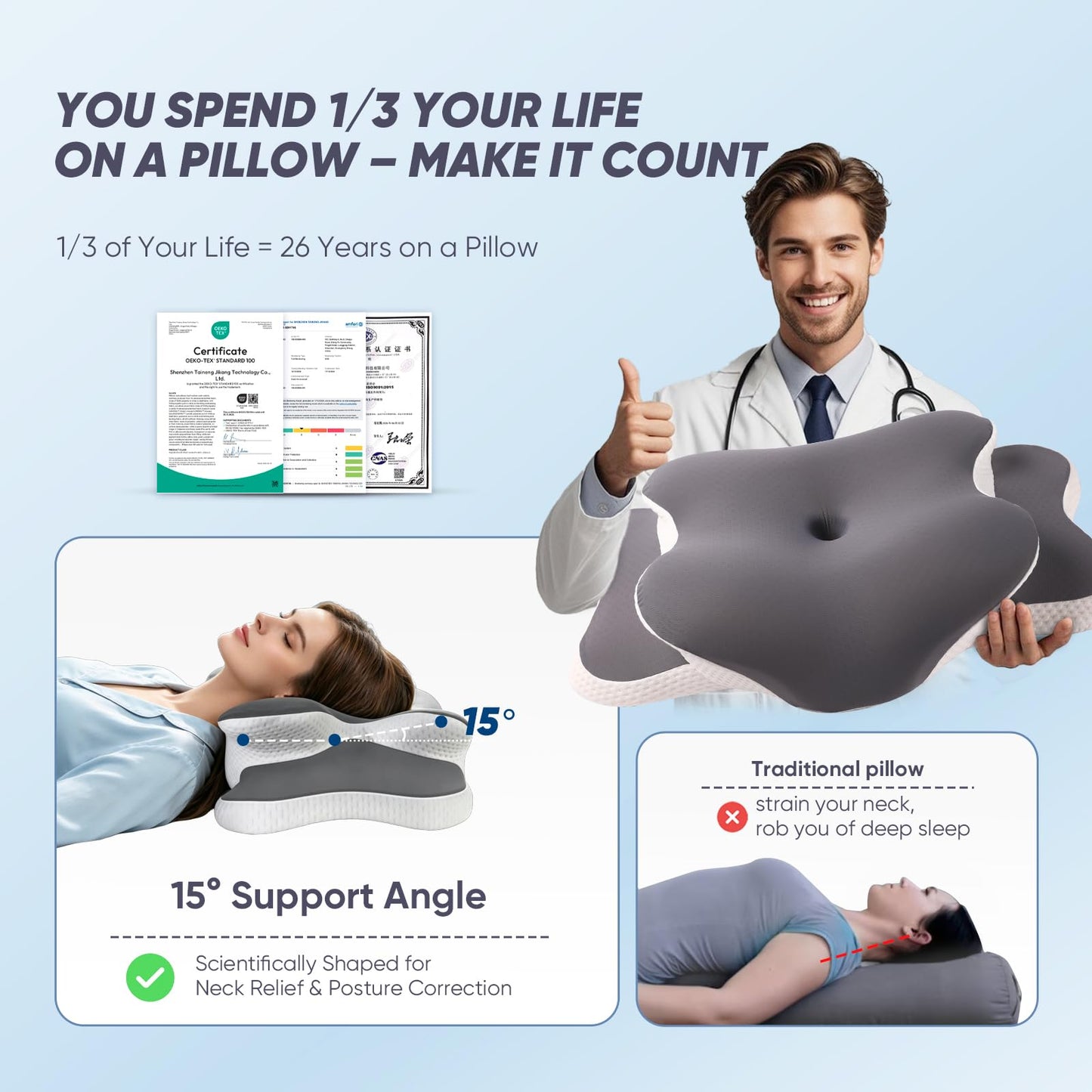CloudNook Cervical Neck Pillow for Pain Relief, Ergonomic Memory Foam Neck Support Pillow for Sleeping, Cooling Comfort Designed for Side Back Stomach Sleepers