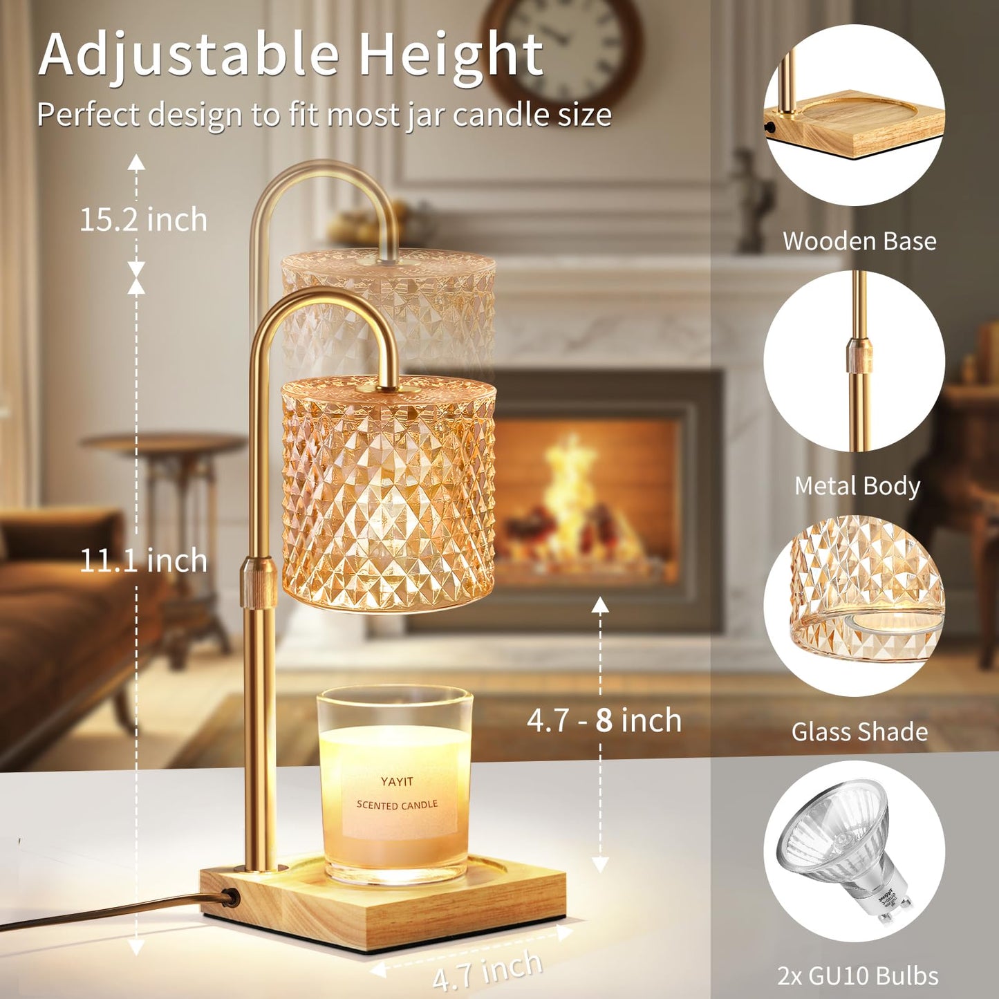 YAYIT Candle Warmer Lamp with Timer Dimmer Adjustable Height, Candle Warmer with 2 Bulbs for Jar Candles, Home Decor, for Women Birthday