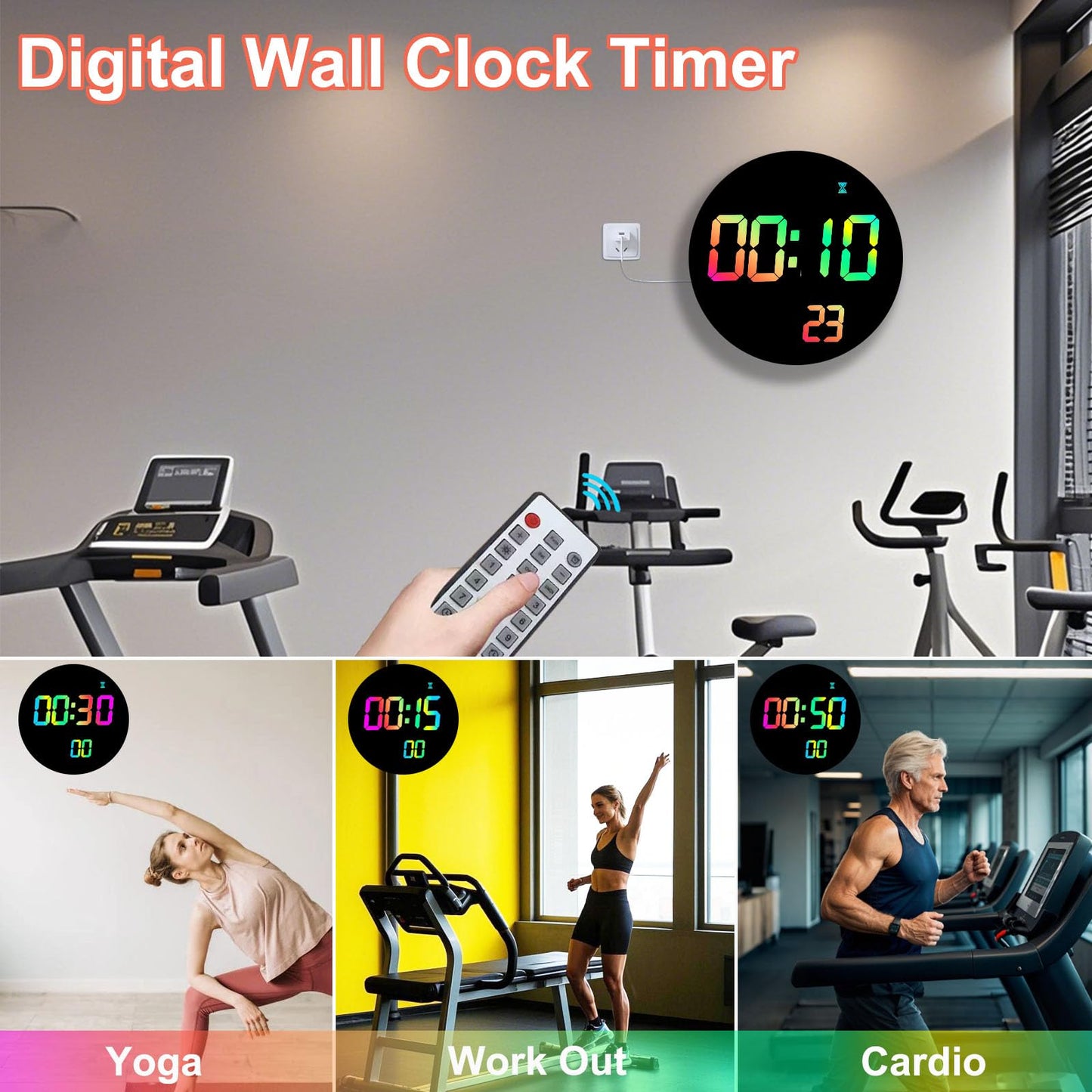QINFIEY Large 12" RGB Color Changing Digital Wall Clock with Remote Control | LED Display Plug-in Clock with 3 Brightness Levels & Temperature Display | Perfect for Home, Gym, Classroom, Office
