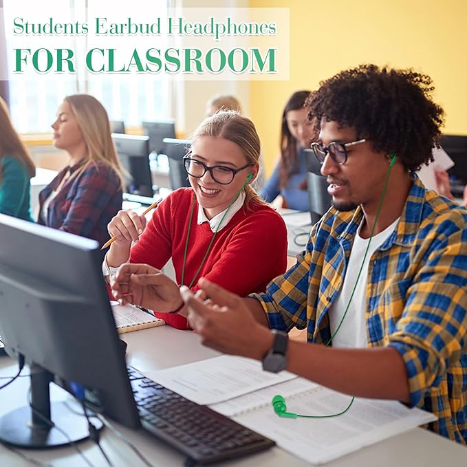 Kanayu 100 Packs Earbuds Bulk Basic Student Earphone Individually Bagged 3.5 mm Headphones for Schools Classrooms Library Teens Gift(Green)