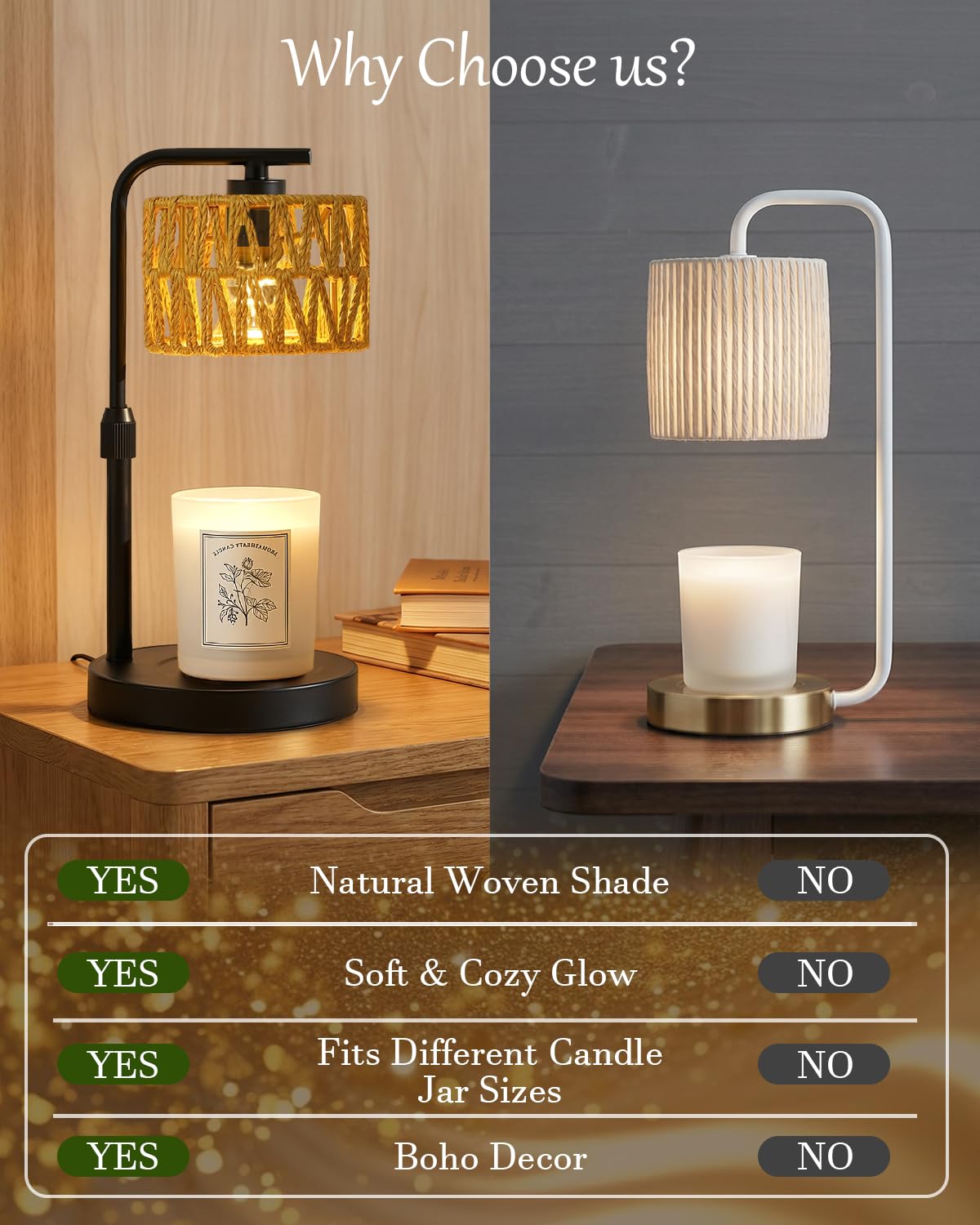 Candle Warmer Lamp, Timer Dimmable Candle Lamp, Adjustable Height and Brightness Candle Warmer, Boho Rattan Lampshade and 2 Bulbs, Suitable for Home Decor, Birthday Gifts for Women Mom (Black)