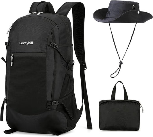30L Foldable Backpack & Bucket Hat 2 In 1 Combo, Lightweight packable Travel and Fisherman Hat Set, Compact Collapsible Daypack with Sun Hat (Black)
