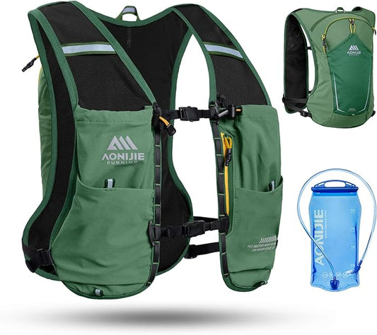 AONIJIE Running Hydration Vest for Men & Women, 8L Hydration Backpack, Multiple Pocket Designs for Water Bottles/Bladders, Lightweight Breathable for Hiking, Climbing, Marathon & Cycling - Green