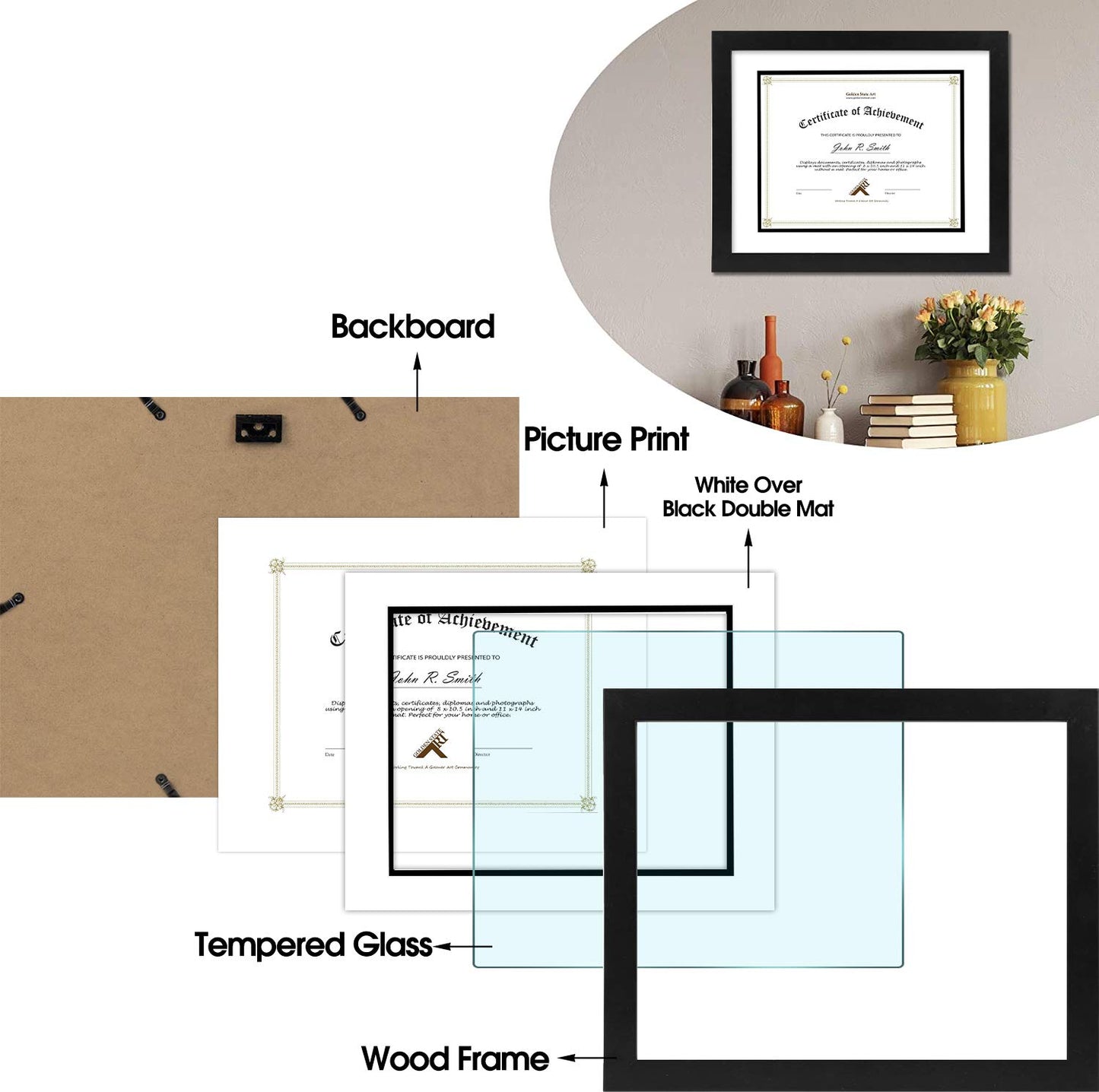 Golden State Art, 11x14 Diploma Frame for 8.5x11 Document & Certificates with Mat, Or 11x14 Without Mat, Real Glass, Double Mat (Black with White/Black, 1 Pack, Solid Wood)