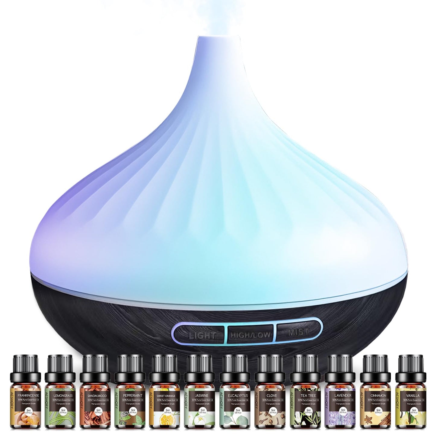 Aromatherapy Diffuser & 12 Essential Oils Set, 500 ML Ultrasonic Diffuser for Home, Cool Mist Humidifier with 14 Colour Changes, Timer and Auto-Off Function