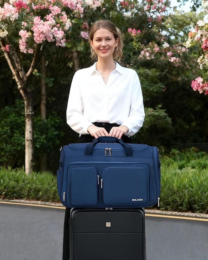 MILADA Carry On Luggage Bags for Travel Large Foldable Duffle Bag for Travel Lightweight Personal Bags for Airplanes Weekend Overnight Bags for Women Mens Travel Bag, Blue