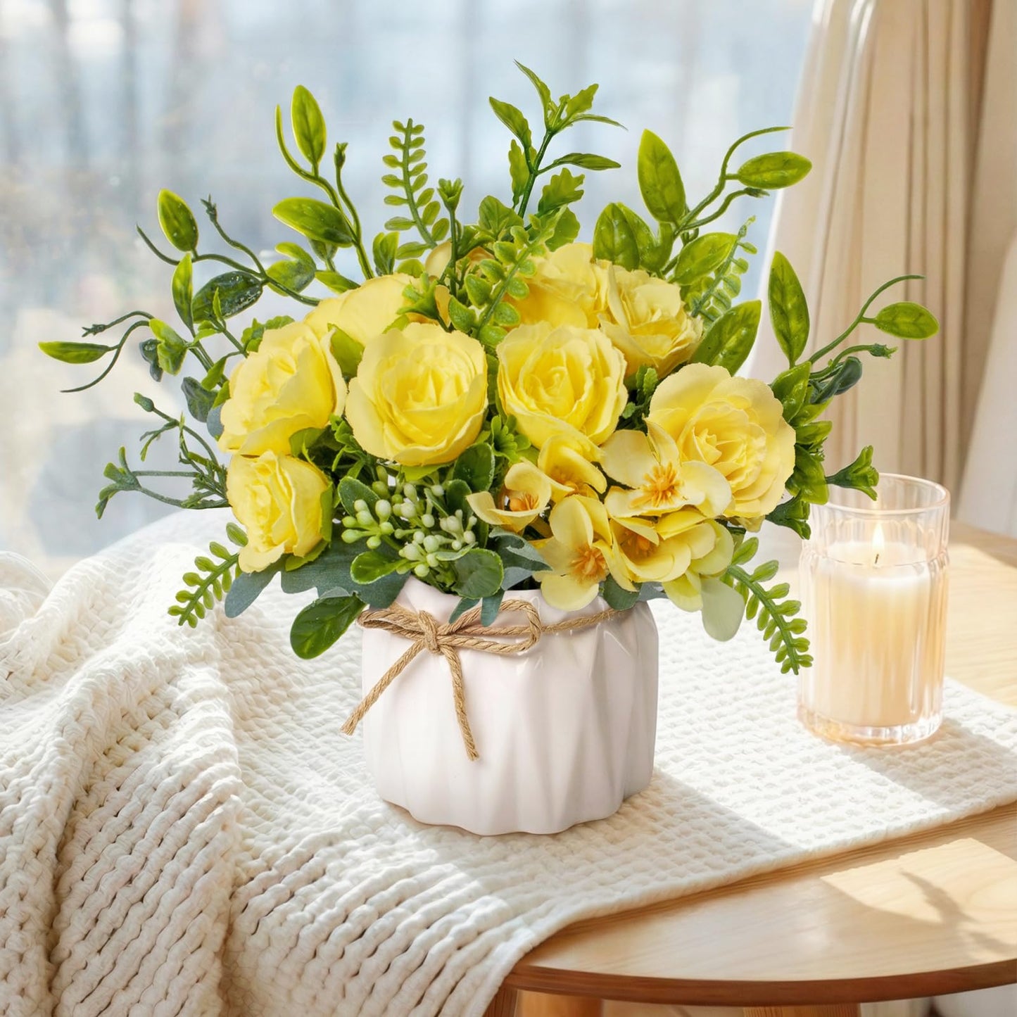 Mandarooker Yellow Artificial Silk Roses with Ceramic Vase, No Maintenance Faux Flower Arrangement, 6.3 Inch Realistic Table Decor for Home Office Wedding