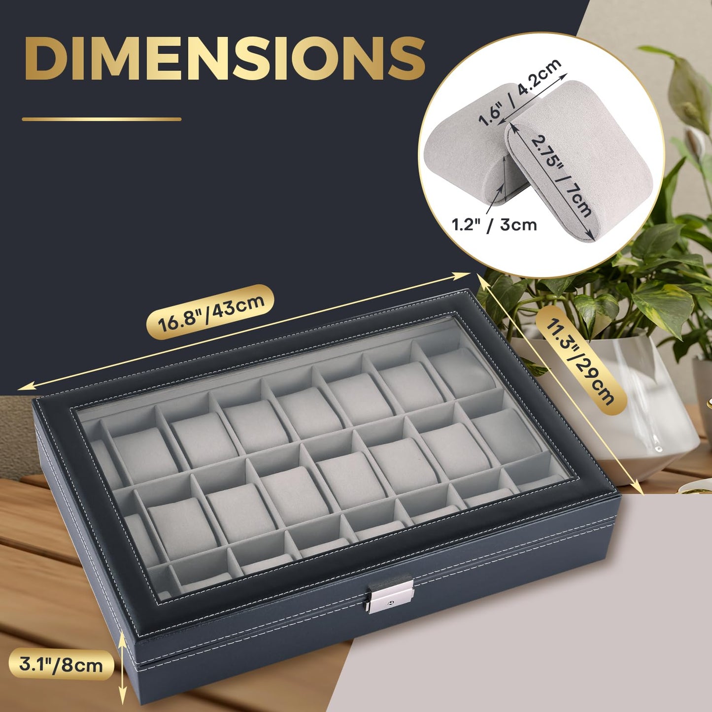 NATGAI Watch Box 24 Slots, Elegant Watch Display Case with Glass Top, PU Leather Watch Storage Box with Removable Cushion, Lockable Watch Holder Organizer for Men & Women