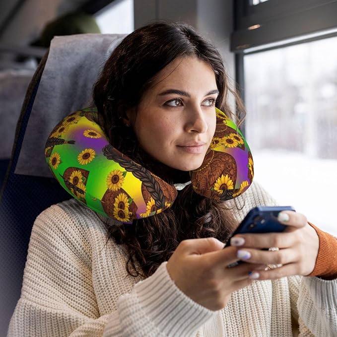 Memory Foam Neck Pillow African American Black Woman Girl Painting Sunflower, Travel U Shaped Airplane/Car/Flight Pillows with Removable Zipper Cover, Chin Head Neck Support Cushion