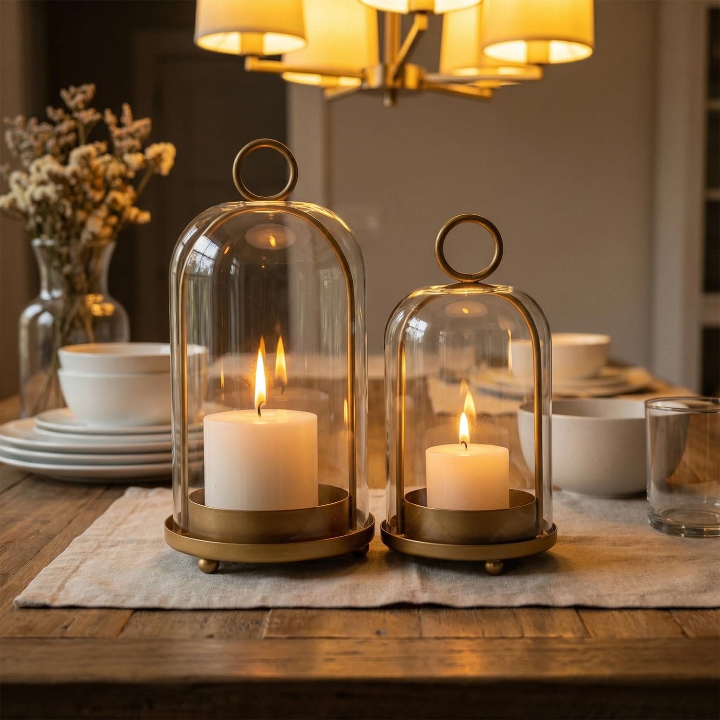 GYKLE Set of 2 Candle Lantern, Candle Holders with Glass Dome 10" & 7.87"