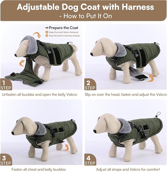 Queenmore XXXL Dog Coats for Extra Large Dogs Winter with Harness Built-in, Warm Waterproof Snow Jacket Large, Cold Weather Outdoor Coat - Fleece Lining Hook & Loop Closure Reflective Easy On, Green