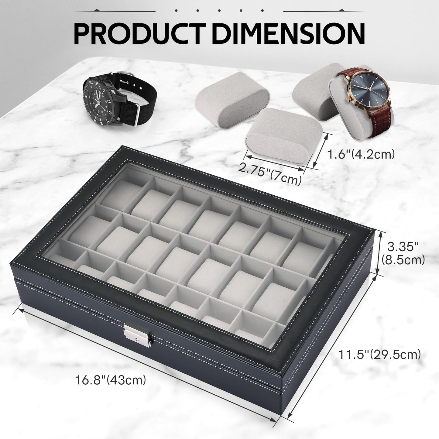 MYFULLY 24 Slot Watch Box, Lockable Watch Storage Organizer with Removable Pillows for Men and Women, Portable Watch Display Case with Gray Lining for Travel, Collection and Jewelry Storage