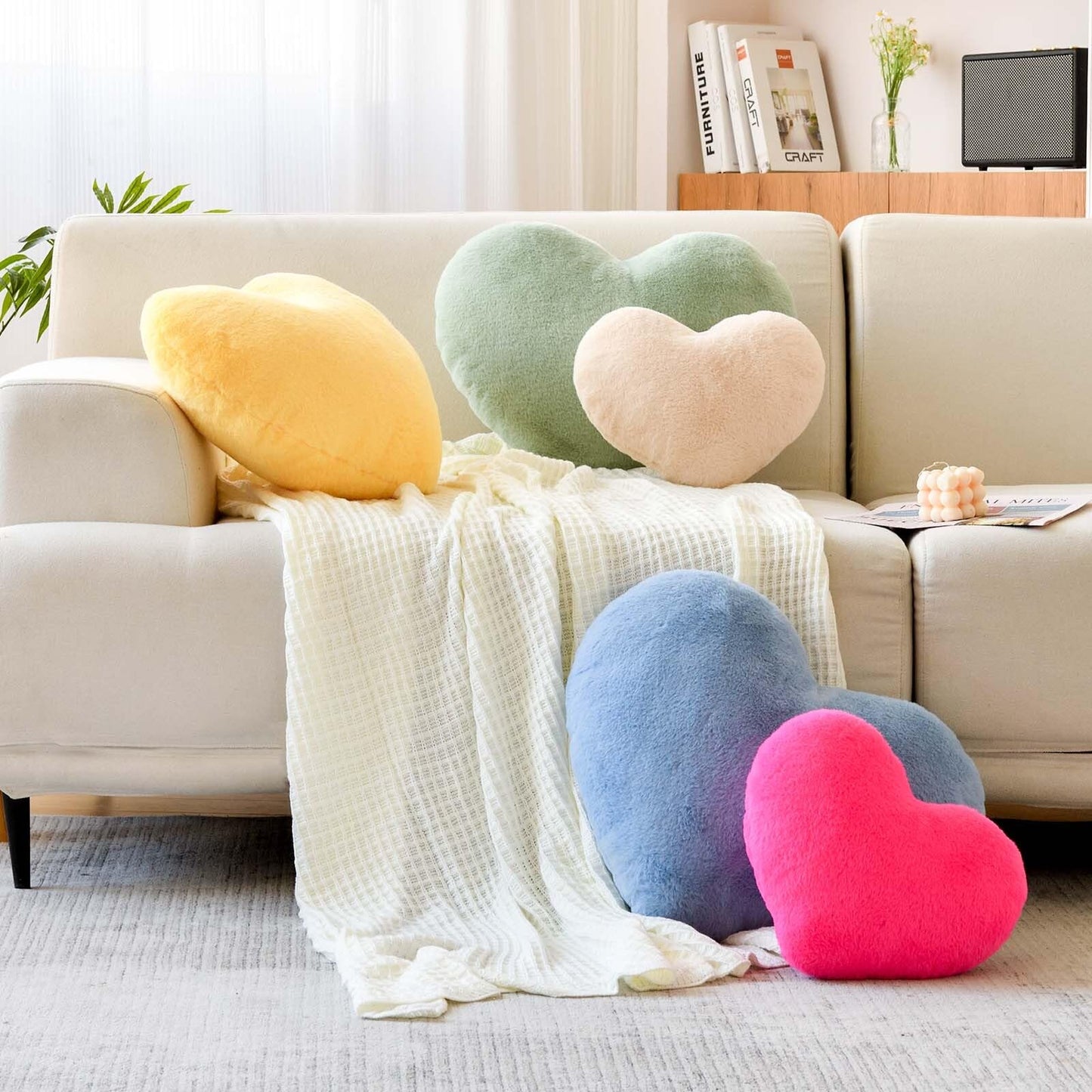 XVTRU Dusty Blue Heart Pillows, Cute Heart Decorative Pillow, Heart Shaped Throw Pillows for Bed, Faux Rabbit Fur Plush Hoom Decor Pillow Cushion for Chair Sofa Living Room (Medium-15.7"x11.8")