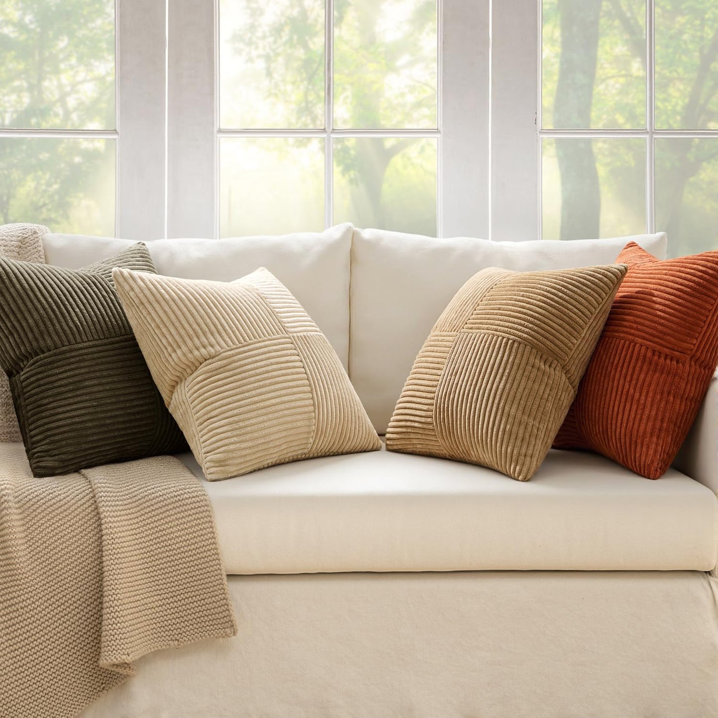 ANRODUO Pack of 4 Decorative Throw Pillows for Couch Brown Green 18x18 Inch Boho Cozy Soft Corduroy Cushion Covers Farmhouse Accent Pillowcases for Mid Century Summer Home Decor Sofa Bed Living Room