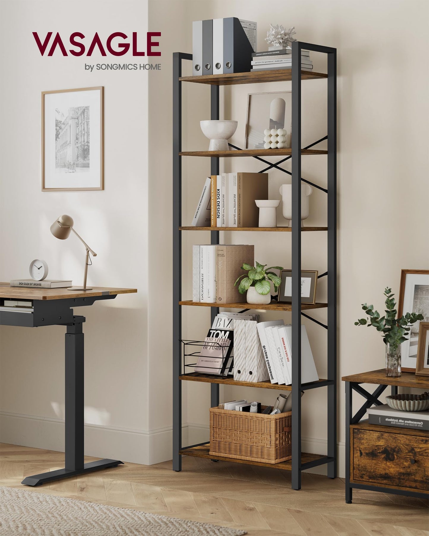 VASAGLE 6-Tier Bookshelf, Bookcase with Steel Frame, Book Shelf for Living Room, Home Office, Study, 11.8 x 26 x 73.2 Inches, Industrial Style, Rustic Brown and Ink Black ULLS062B01