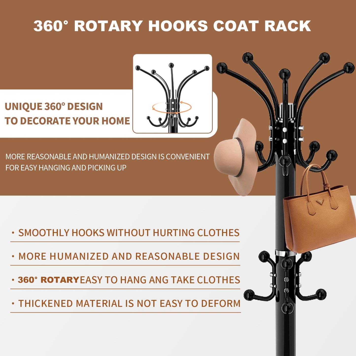 Waavryee Modern Metal Coat Rack Stand, Coat Rack Freestanding with Natural Marble Base, 360°Rotary Design Sturdy Coat Racks with 16 Hooks, White Coat Hall Tree Stand for Entryway (Black)