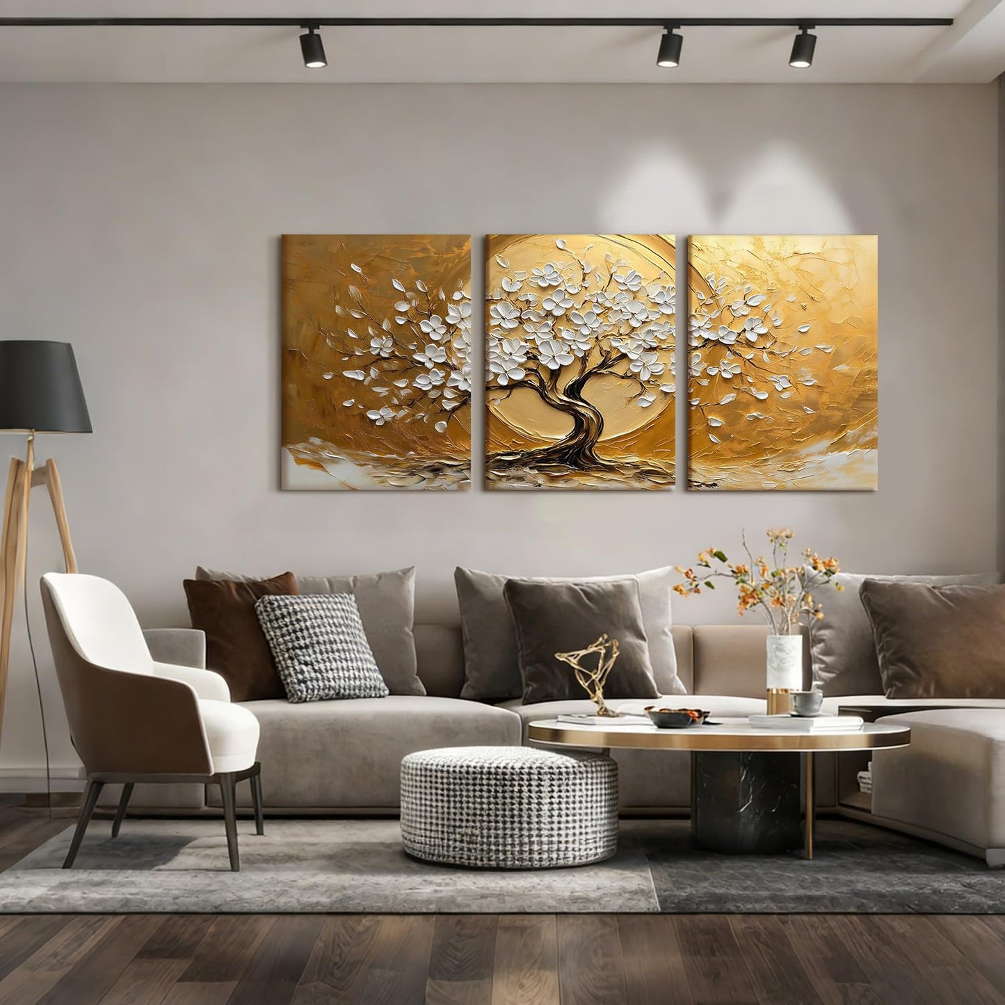 RZIGERNO 3 Pcs Tree of Life Canvas Wall Art Gold White Floral Poster Printing Lucky Tree Money Tree Framed Painting Artwork 16x24 Inch Modern Abstract Wall Decor for Living Room Bedroom Office