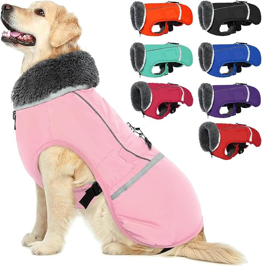 QBLEEV Warm Dog Coat Reflective Dog Jacket, Waterproof Dog Winter Coat Turtleneck Dog Clothes for Cold Weather, Thick Fleece Dog Snowsuit Christmas Dog Vest Pet Apparel for Small Medium Large Dogs L
