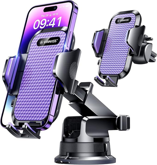 [Pro Version] VANMASS Universal Car Phone Mount [Super Suction Cup] Dashboard Phone Holder, Handsfree Windshield Dash Vent Phone Holder Car, Compatible for iPhone 17 16 15 14 Samsung LG & Truck,Purple