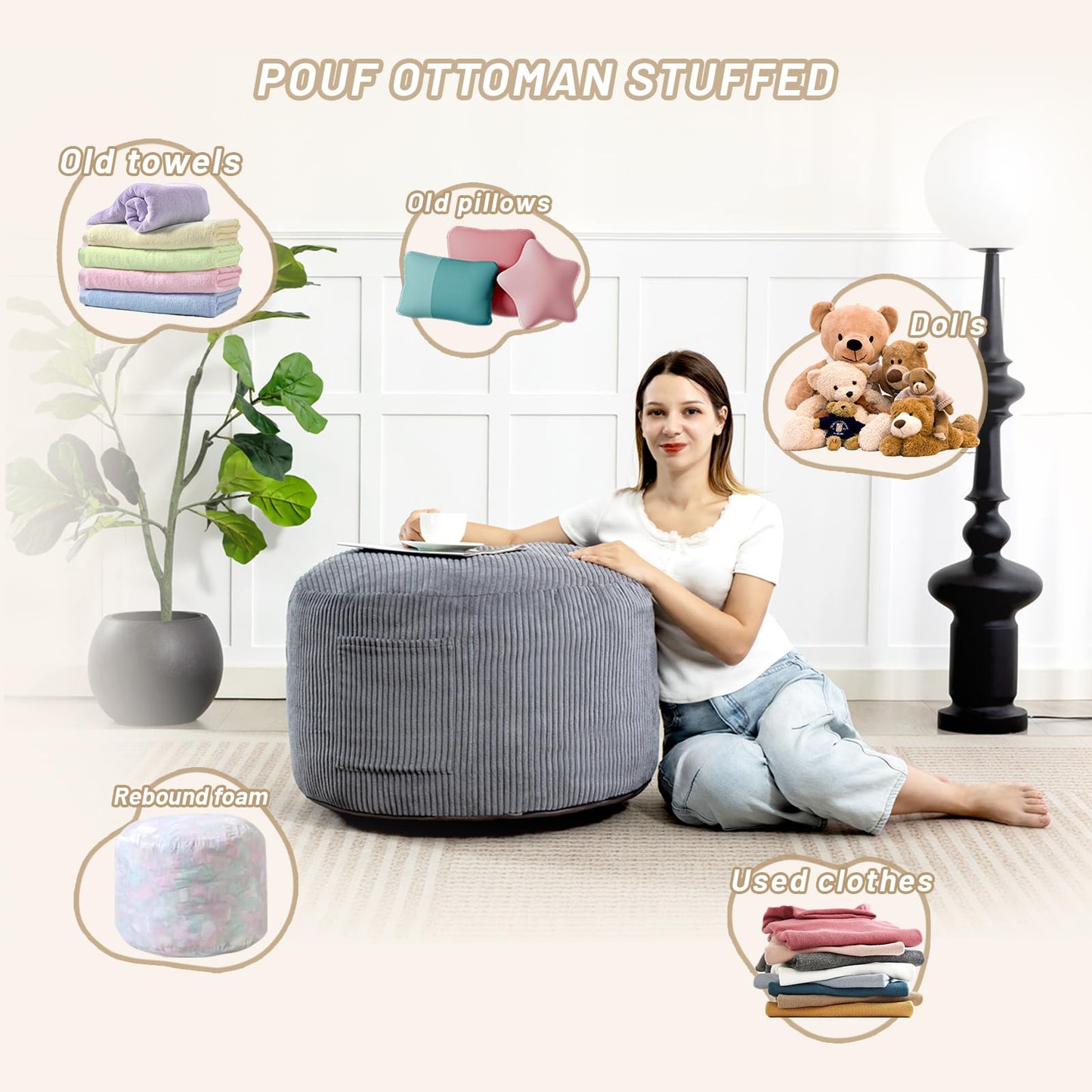 Manyday Round Stuffed Pouf Ottoman,Corduroy Foot Rest with Rebound Foam Filled, Furry and Fluffy Foot Stool Ottoman, Floor Poufs for Living Room (Gray, 26" D x 26" W x 18" H)
